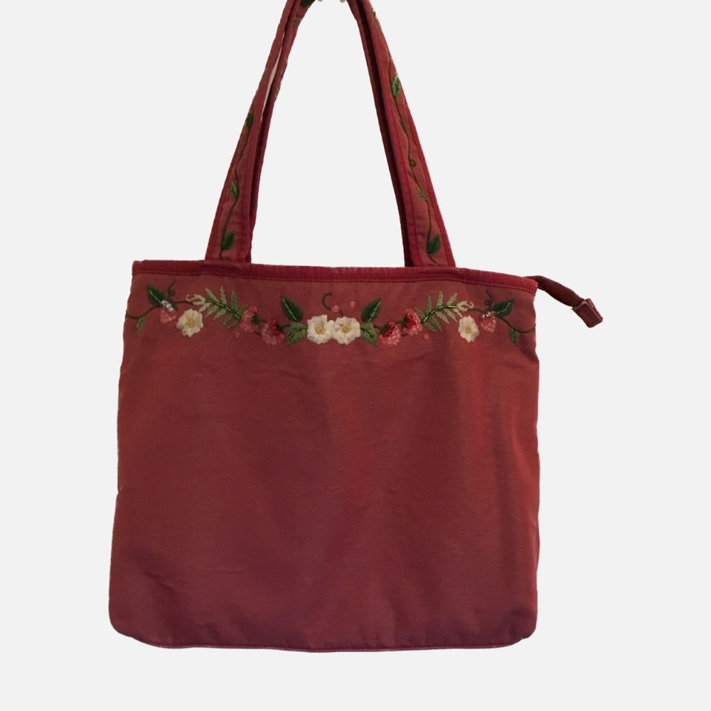 Pink strawberry embroidered tote